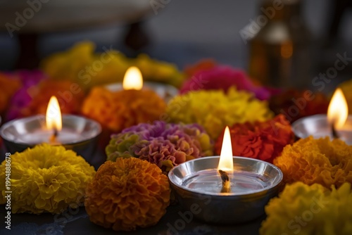 Festival of Lights and Flowers With Candles and Marigolds in Vibrant Colors a...