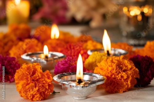 Colorful Flowers and Lit Candles Create a Festive Atmosphere During a Celebra...
