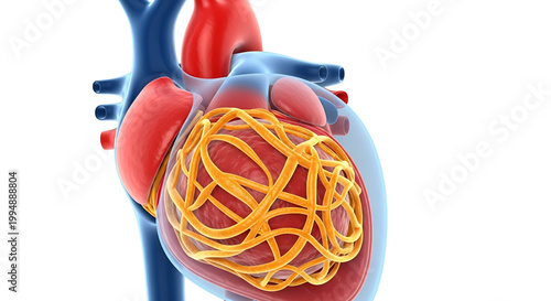A medical illustration of a human heart with a tangled mess of yellow fibrils inside the left ventricle, representing a cardiovascular health concept.