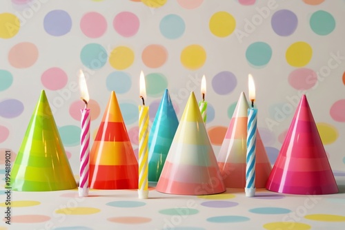 Colorful Party Hats and Candles Are Arranged on a Table for a Birthday Celebr...
