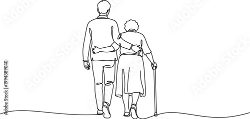 Man and elderly woman walking arm in arm with cane