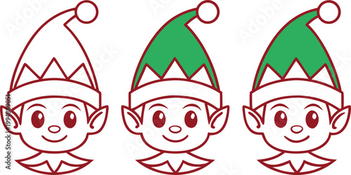 Cute green elf characters with pointy ears and hats in style