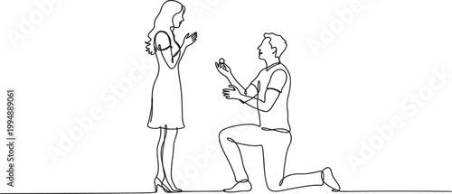 Man proposing to woman with ring in line art proposal