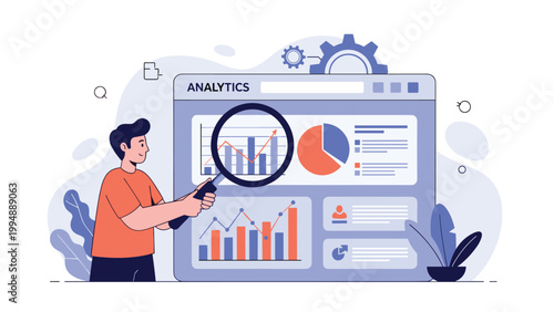 Digital marketer examining website analytics and performance metrics on a large screen with a magnifying glass for data research.
