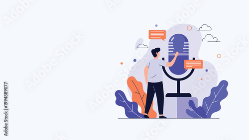 Content creator standing by a giant vintage microphone recording a podcast or radio show with speech bubbles for communication.