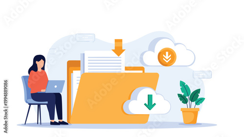 Professional woman working on a laptop with cloud storage integration and large digital file folders for data management.