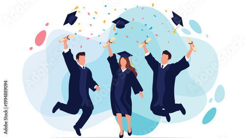 Excited students jumping in graduation gowns and caps holding diplomas with colorful confetti celebrating academic success.