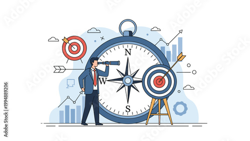 Strategic leadership concept with a man using a telescope next to a giant compass and targets for business direction.