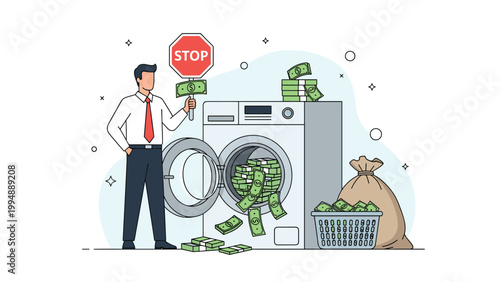 Businessman holding a stop sign while preventing money laundering by removing cash from a large washing machine.