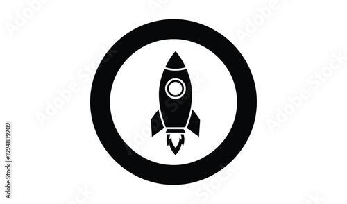 Black and white minimalist icon of a rocket inside a circle, symbolizing space exploration and modern technology.