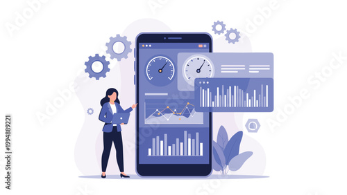 Data analyst woman using a laptop to monitor performance metrics and speed gauges on a giant smartphone screen.