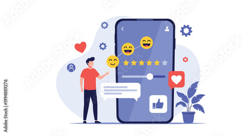 Happy customer providing a five star rating and highly positive review on a smartphone app for service satisfaction.