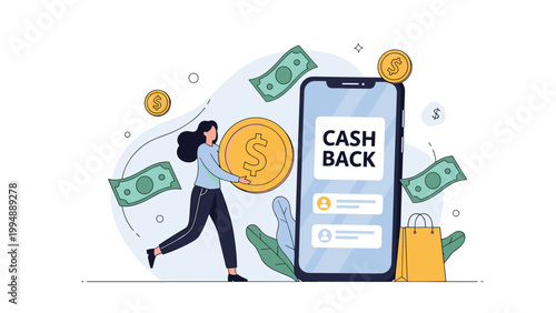 Happy woman holding a giant gold coin while using a successful cash back rewards program on her mobile smartphone app.