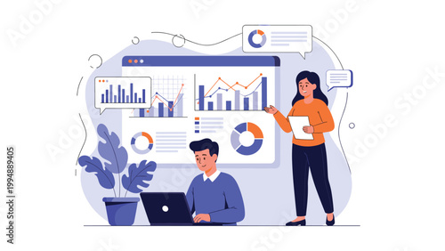Business professionals analyze financial data and market trends displayed on a large dashboard to improve corporate strategy and performance.