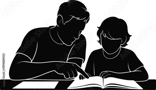 Vector silhouette of father and son reading book together, education, learning and family bonding concept