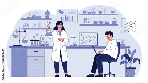 Scientists conduct advanced research in a modern laboratory using chemical equipment and digital tools to develop new medical breakthroughs.