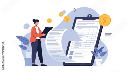Financial manager reviews large digital invoices and payment documents to ensure accurate accounting and business profitability for the company.