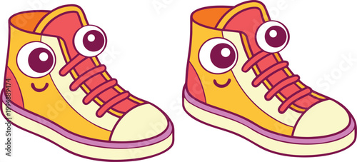 Yellow and pink sneakers with red laces and cartoon eyes