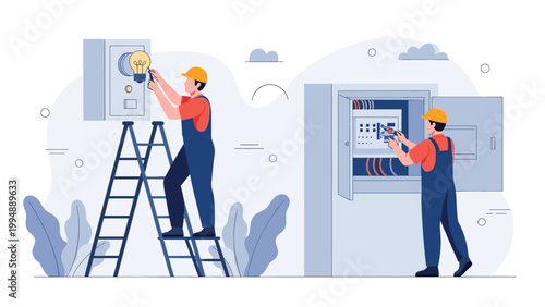 Professional electricians install and repair complex electrical wiring systems in a residential building to ensure safety and power supply.