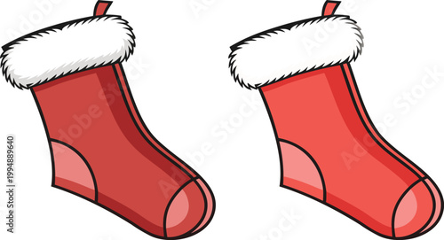 Red christmas stocking with white faux fur trim hanging on hook