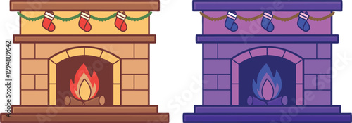 Cozy christmas fireplace with burning logs and stockings