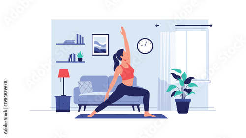 Healthy woman practices yoga and stretching exercises in her cozy living room to improve flexibility, balance, and mental well-being.