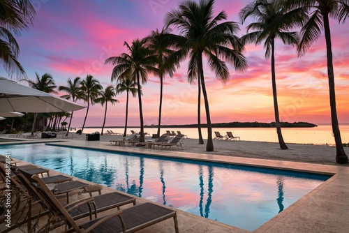 Sunset View Over Pool and Beach Surrounded by Palm Trees in Tropical Resort
