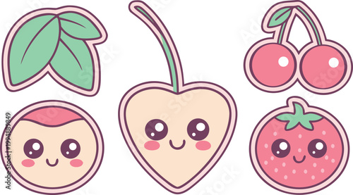 Cute kawaii sticker set with green monster pink cat and heart eyed creature