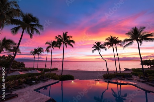 Sunset Over Ocean With Palm Trees Near Poolside in Tropical Location
