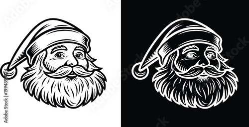 Black and white hand drawn santa claus portrait with curly beard
