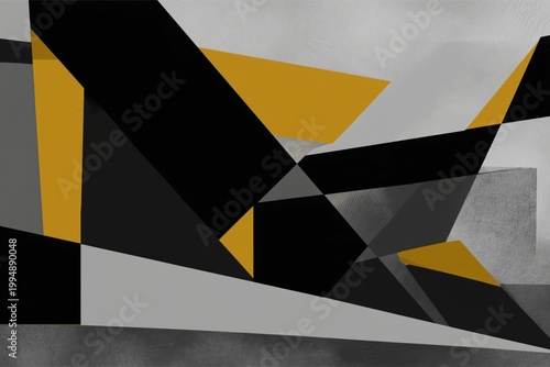 Abstract Art With Black, White, and Gold Shapes Arranged on a Canvas