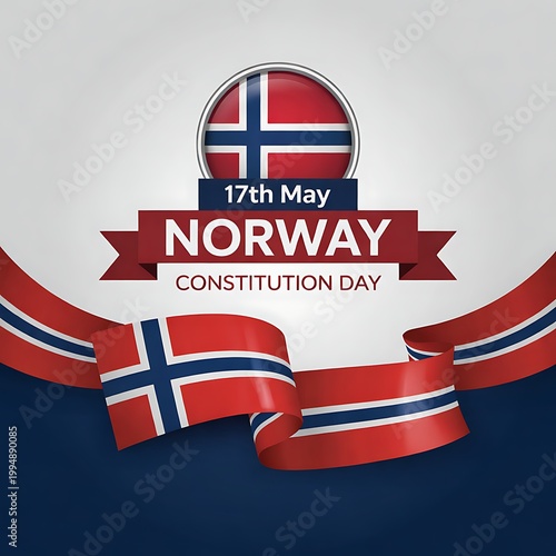Norway constitution day celebration with flag and ribbon on gray background