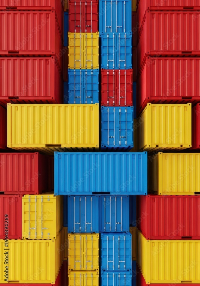 Fototapeta premium Stacked shipping containers display a vibrant pattern of red, blue, and yellow colors.