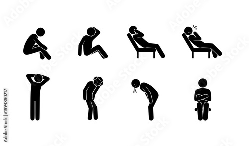 Minimalist stick figure tired and resting people vector icons set with sitting poses for lifestyle illustrations