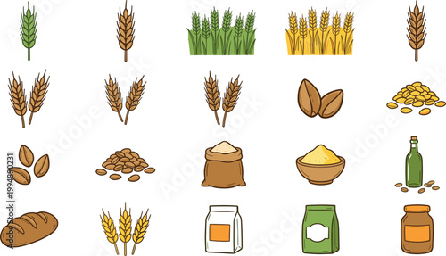 Wheat and grain food production icon set featuring cereals, flour, bread, seeds and agricultural harvest elements