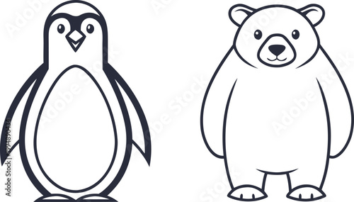Black and white of penguin and polar bear cartoon minimal style