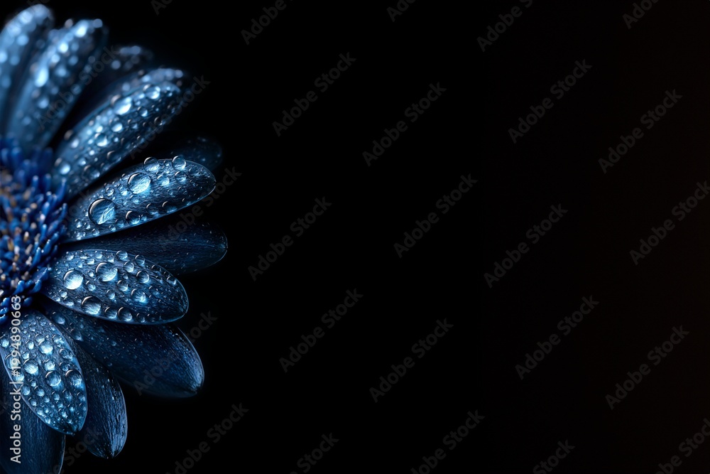 Naklejka premium Blaue Blume mit Wassertropfen auf den Blütenblättern vor dunklem Hintergrund in dramatischer Beleuchtung