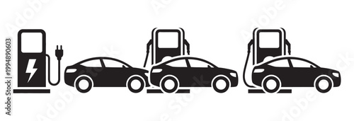 Car fueling station icons comparing electric charging gasoline pump diesel pump energy sources transportation vehicle silhouette illustration design concept vector set.