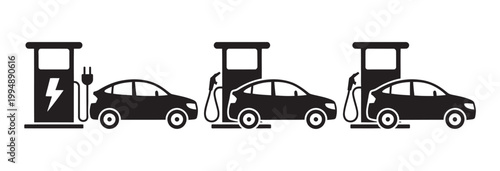 Car fueling station icons comparing electric charging gasoline pump diesel pump energy sources transportation vehicle silhouette illustration design concept vector set.