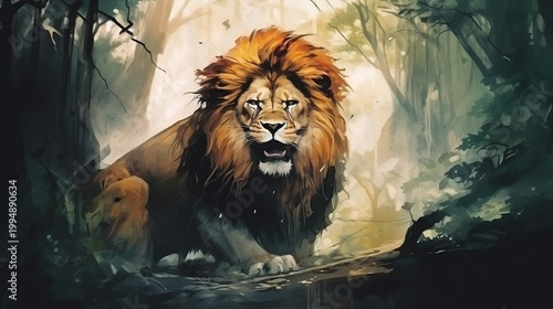 A majestic male lion reclining in a sunlit jungle clearing with a fierce gaze