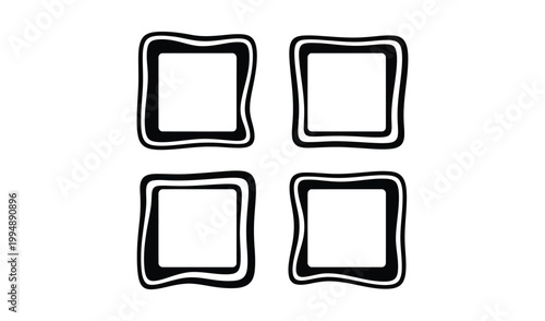 Abstract black and white illustration of four hand-drawn squares with rough edges, arranged in a grid pattern, ideal for graphic design projects.