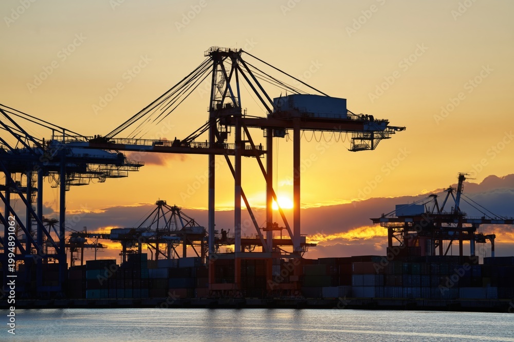 Obraz premium Crane Silhouettes at Sunset by the Water With Cargo Containers in the Background