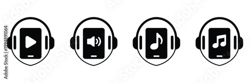 Audio, book icon,  set, book with earphones sign, isolated symbol, modern minimal design