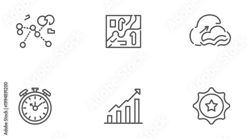 Icons of Progress: A collection of meticulously crafted icons represents technological advancement, mapping, data storage, time management, financial growth, and quality assurance. 