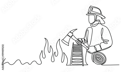 Firefighter with axe and hose ready for action against flames.