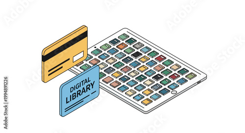 Digital Library Isometric Illustration with Tablet, E-books, and Credit Card for Online Education and Subscription Concepts