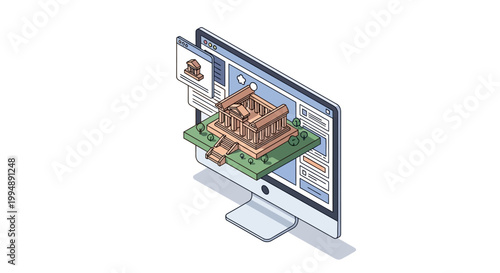 Isometric Illustration of a Greek Temple Popping Out of a Computer Screen, Concept for Online Education, Virtual Museums, and Digital History
