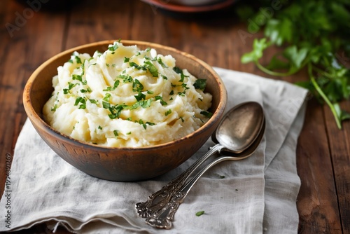 Mashed Potatoes Served in a Wooden Bowl With Herbs on a Rustic Table