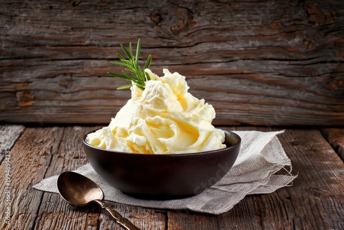 Creamy Mashed Potatoes With Rosemary on a Wooden Table