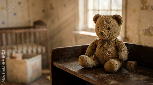 Vintage teddy bear sitting on old wooden bench in nursery room with crib